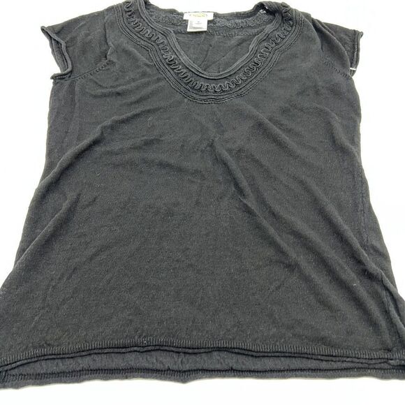 Talbots Black Shirt Sleeve Blues Decorative Neckline Medium Linen Blend - Picture 1 of 4